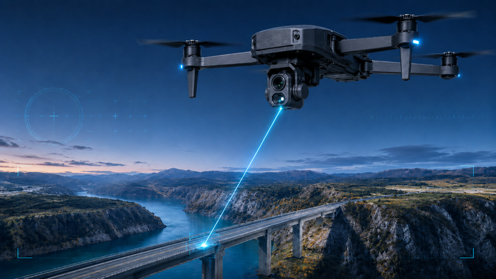 Laser range-finder payload scanning a bridge across a canyon